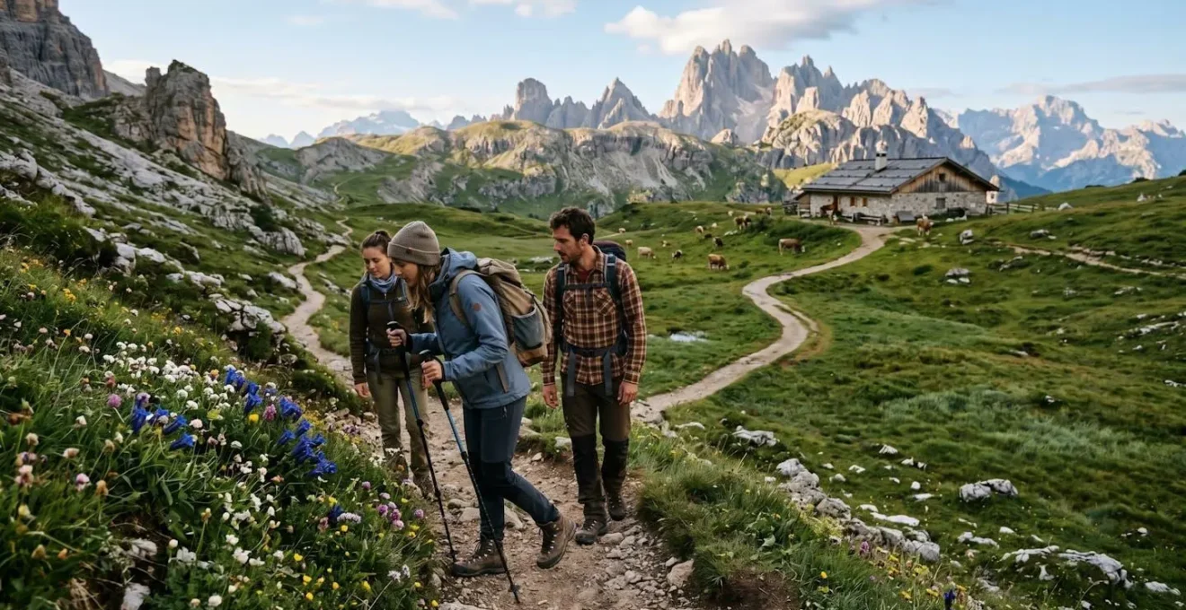 Escursionisti che camminano lentamente su un sentiero di montagna verso una malga tradizionale