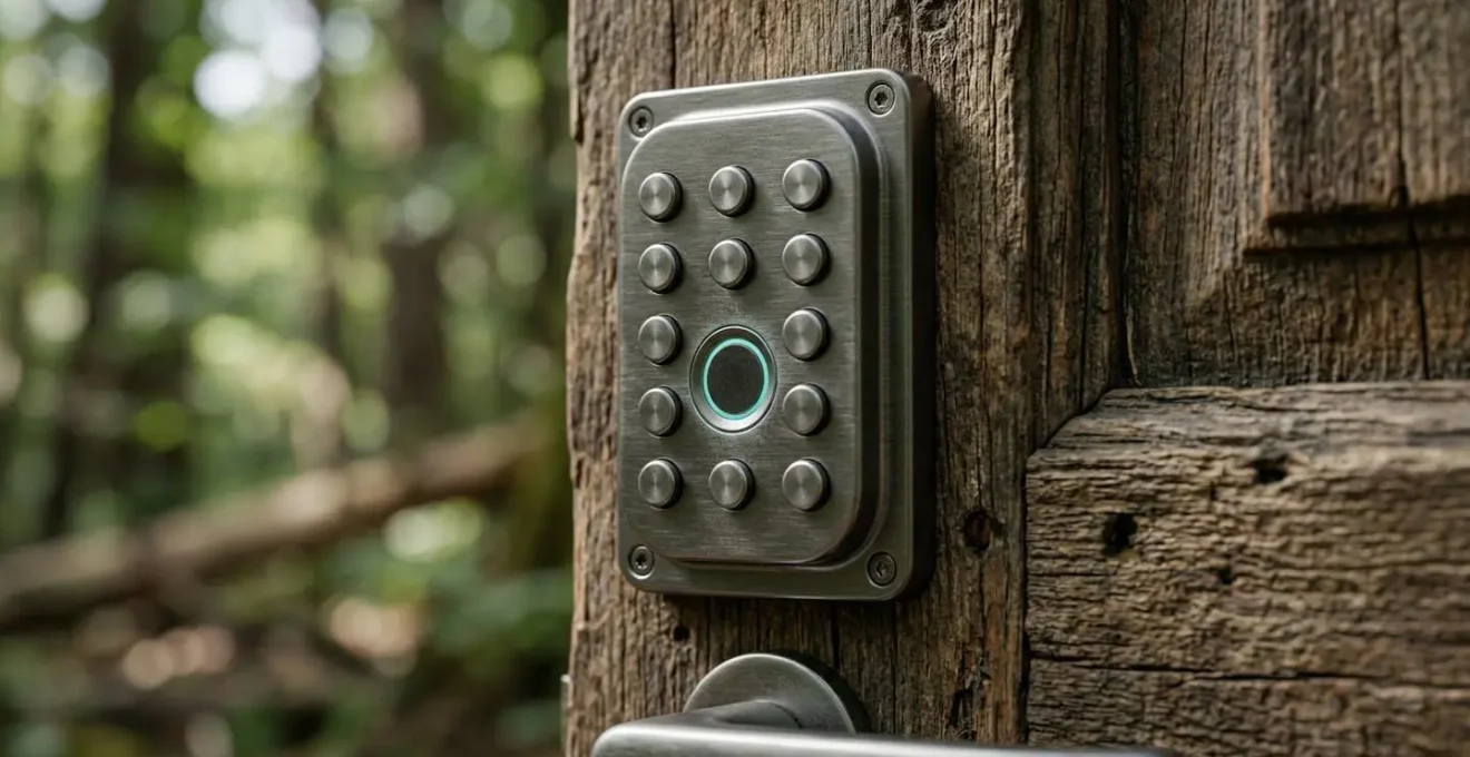 Dettaglio di serratura elettronica moderna su porta in legno massiccio di suite nel bosco