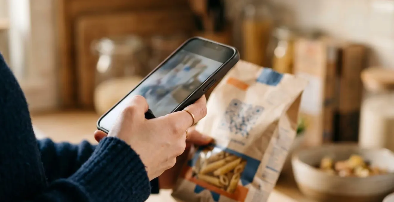 Mano che scansiona un codice QR su una confezione di pasta con smartphone