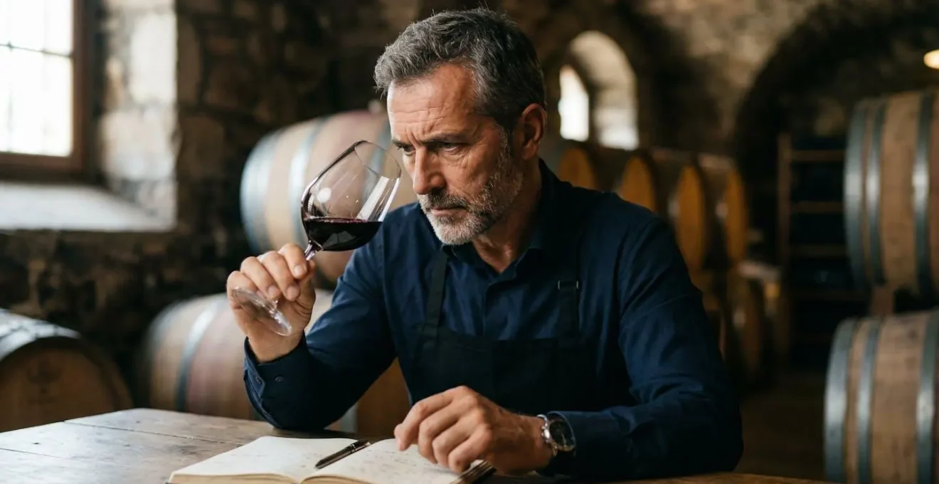 Sommelier professionista durante degustazione tecnica in cantina, concentrato sull'analisi del vino.
