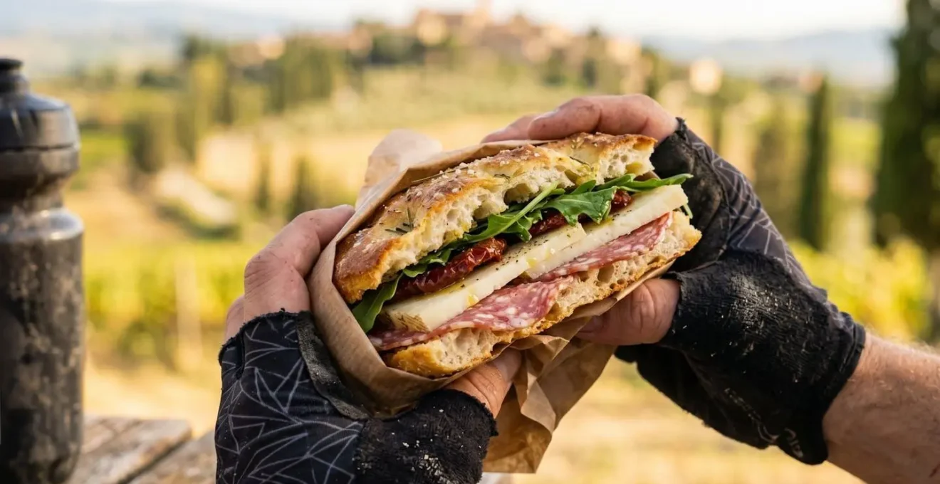Ciclista seduto su muretto con panino e vista panoramica sulle colline toscane