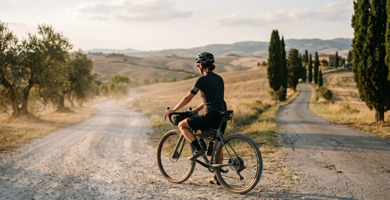 Vista aerea di ciclista su strada bianca tra colline senesi con cipressi