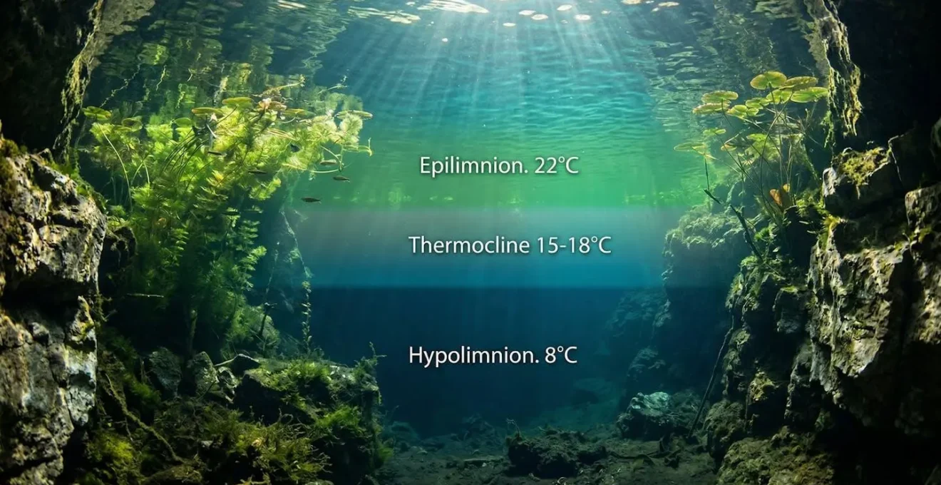 Sezione trasversale di una piscina naturale che mostra la stratificazione termica dell'acqua a diverse profondità