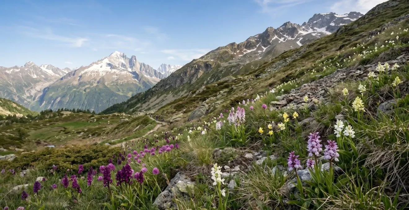 Vista panoramica di pendio montano con orchidee in fiore a diverse quote altitudinali mostrando la successione temporale delle fioriture