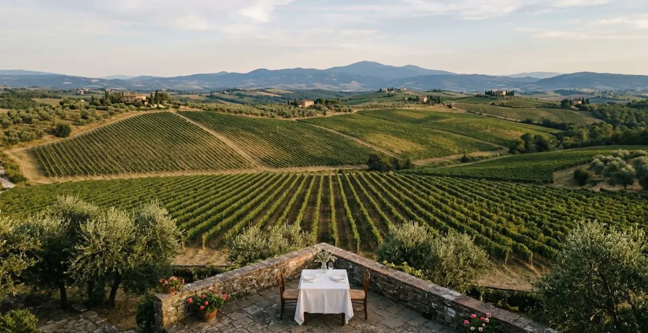 Vista panoramica di un tavolo apparecchiato tra i vigneti di un agriturismo