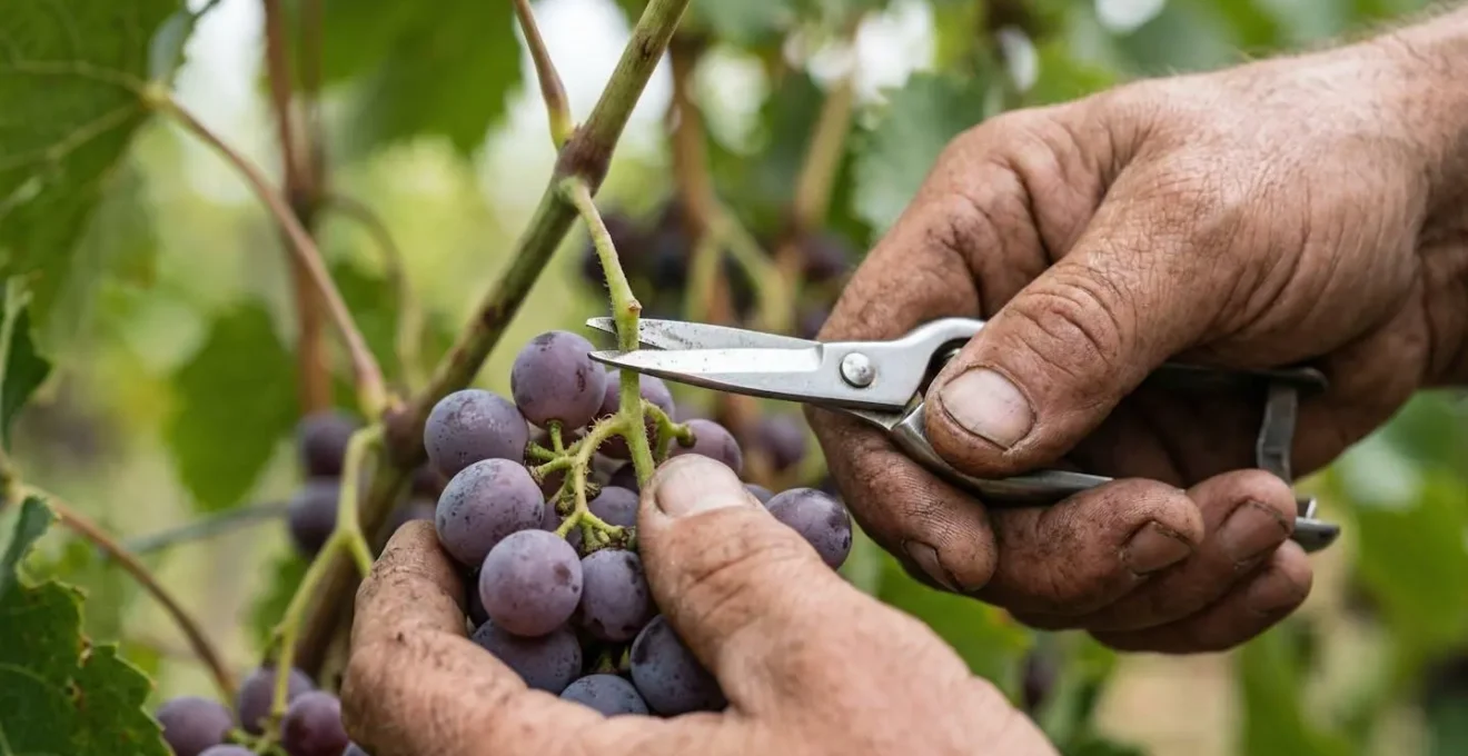 Mani che mostrano la tecnica corretta per tagliare l'uva dalla vite