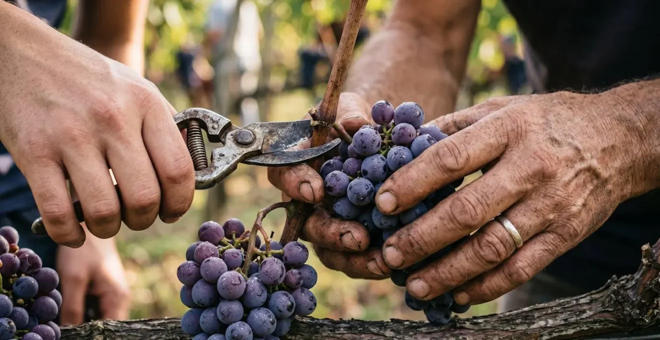Dettaglio macro di mani che raccolgono grappoli d'uva durante la vendemmia
