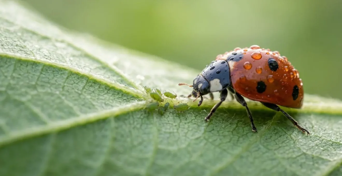 Dettaglio macro di una coccinella che caccia afidi su una foglia verde