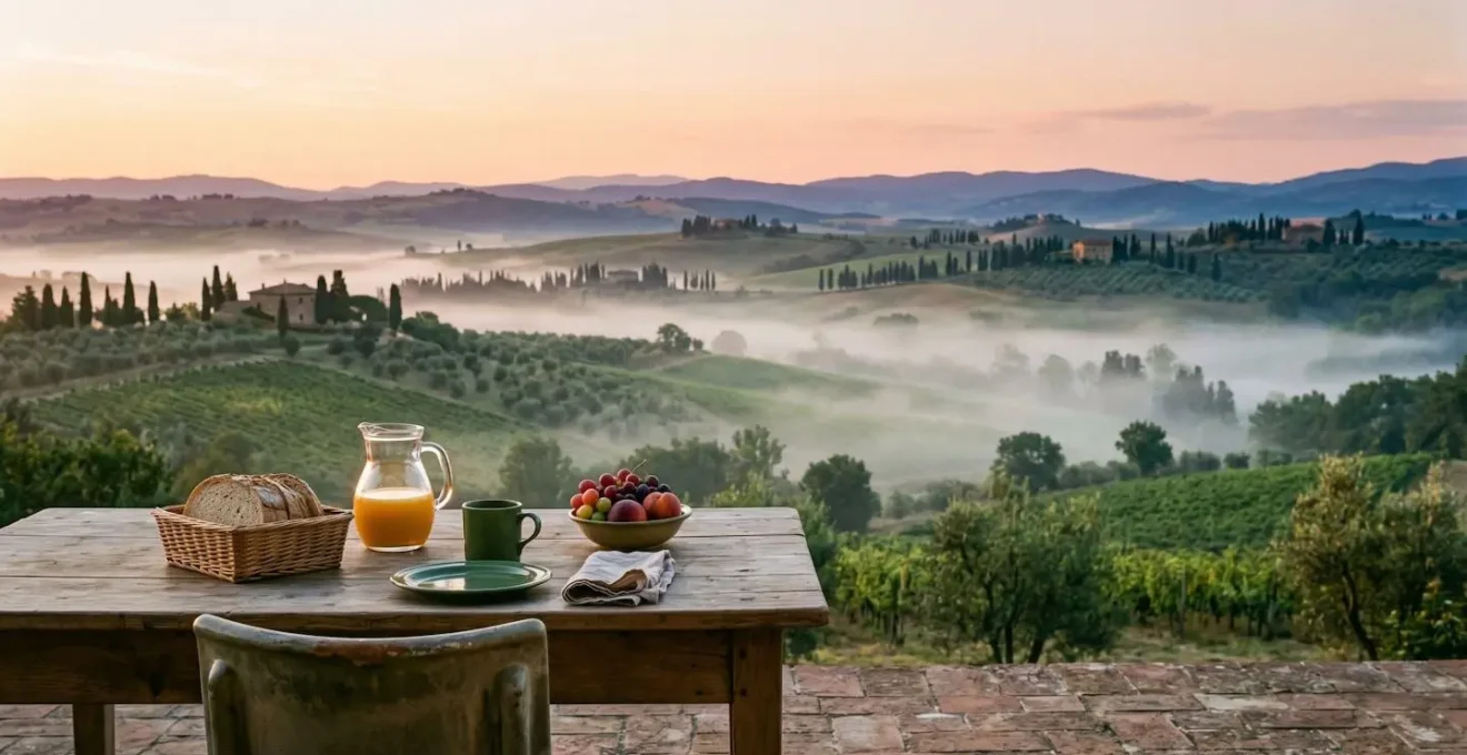 Tavola apparecchiata per colazione su terrazza privata con vista sulle colline toscane all'alba