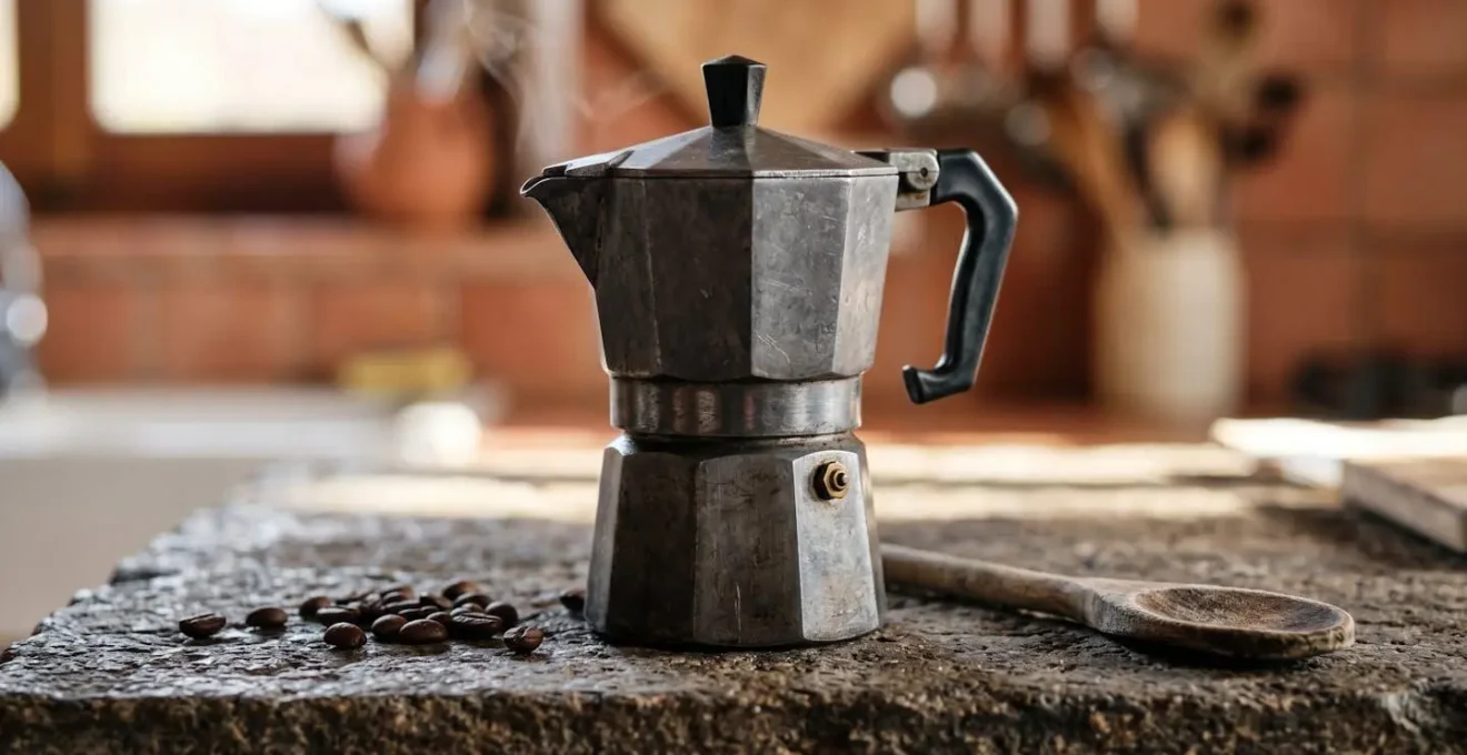 Dettaglio macro di una moka italiana tradizionale su piano cottura rustico in pietra