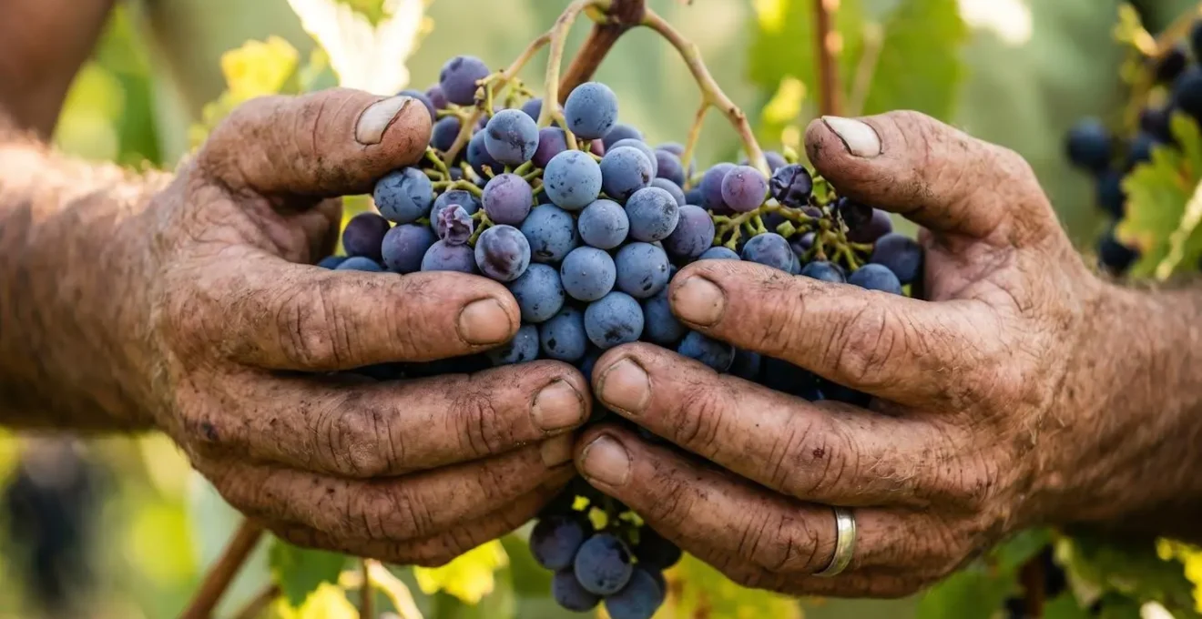 Dettaglio delle mani esperte di un vignaiolo durante la vendemmia
