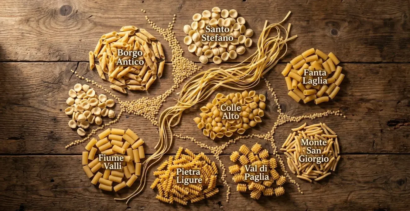 Mappa ravvicinata di un borgo italiano con diversi formati di pasta locali disposti geograficamente