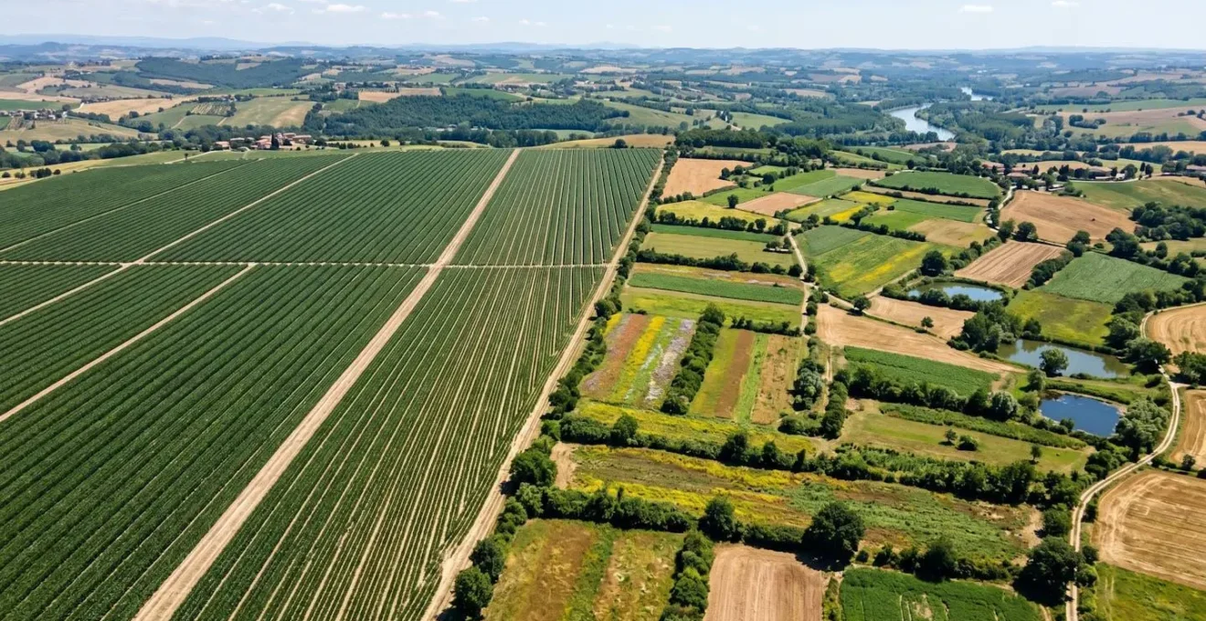 Vista aerea che contrappone un campo di monocultura uniforme a un mosaico agricolo diversificato