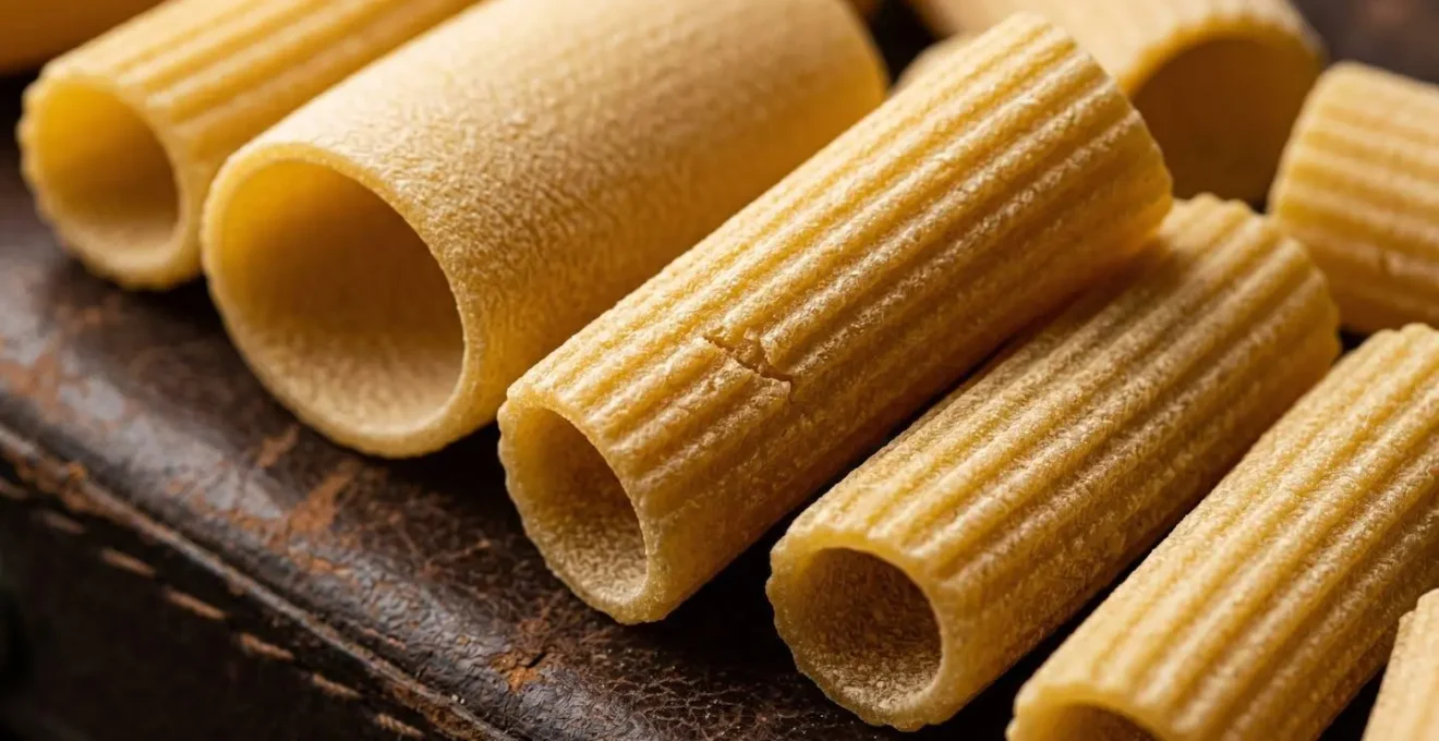 Dettaglio macro della superficie ruvida di pasta trafilata al bronzo con texture visibile