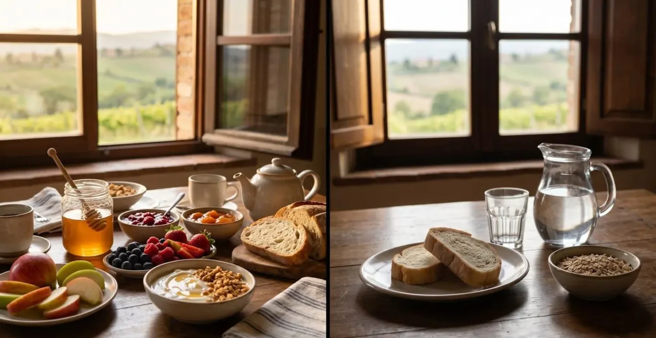 Confronto tra una colazione ricca con miele e frutta e una povera senza prodotti dell'impollinazione