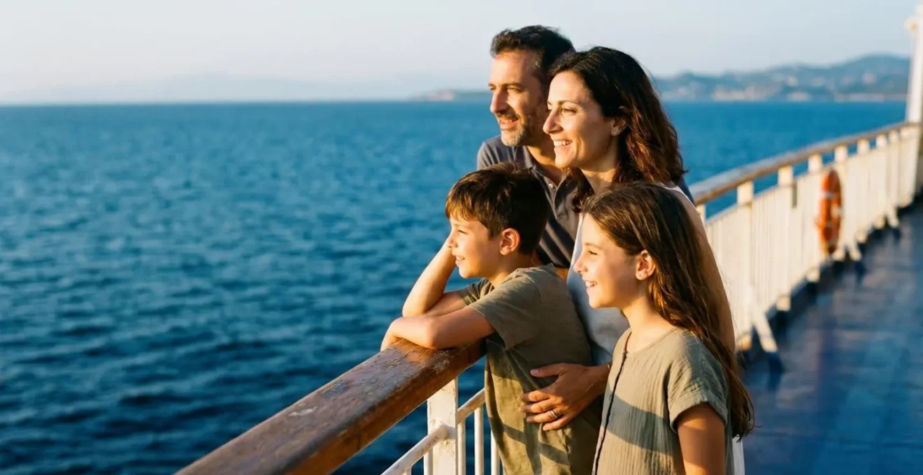 Famiglia italiana rilassata sul ponte di un traghetto, con vista sul mare azzurro e cielo limpido