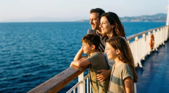 Famiglia italiana rilassata sul ponte di un traghetto, con vista sul mare azzurro e cielo limpido